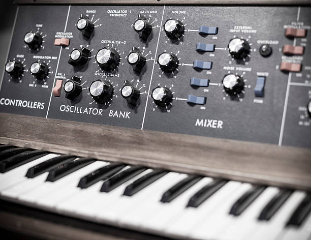 Moog synthesizer Moog synthesizer up close with knobs and keyboard synthesizer stock pictures, royalty-free photos & images