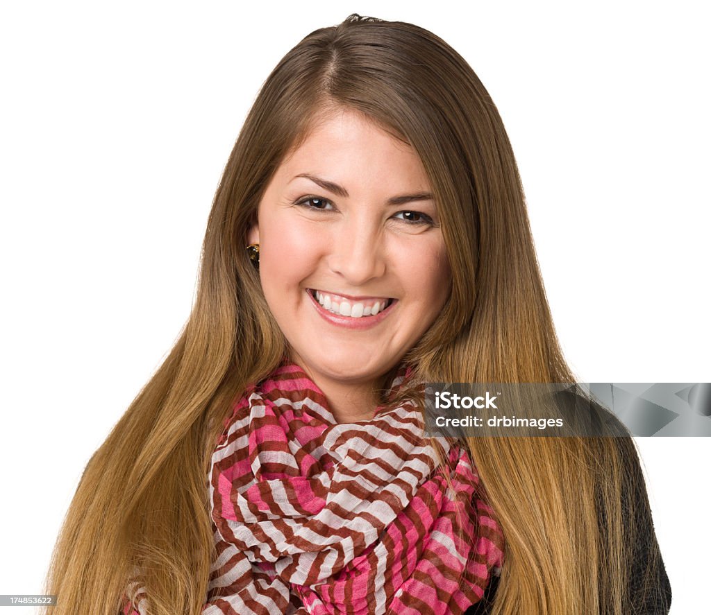 Smiling Young Woman Wearing Neckscarf Portrait of a young woman on a white background. 18-19 Years Stock Photo