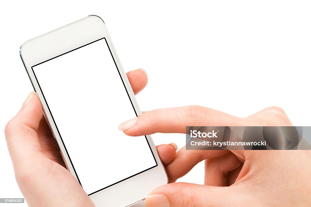 Usando o telefone inteligente com tela em branco - Foto de stock de Adulto royalty-free