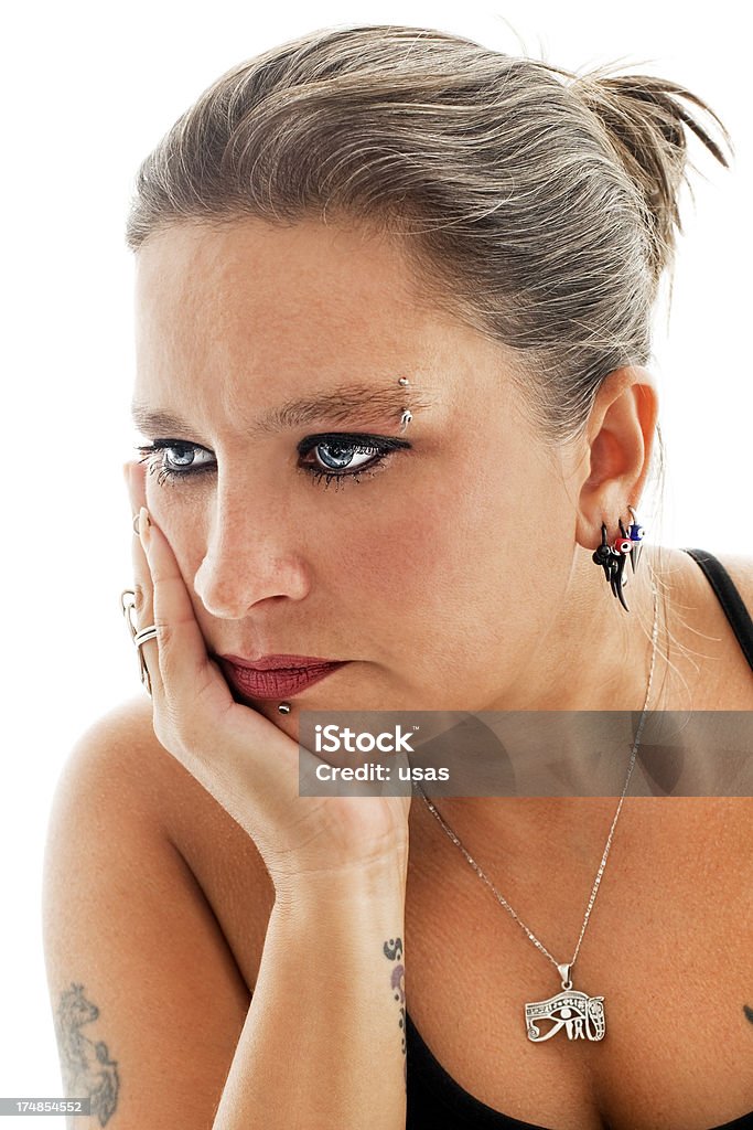 Blue eyed donna sta pensando - Foto stock royalty-free di 35-39 anni
