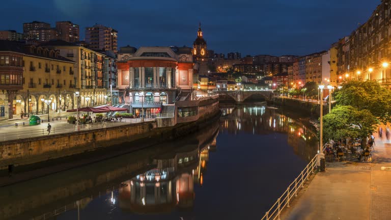 Dusk to Night Timelapse of the Medieval Casco Viejo Neighbourhood in Bilbao, Basque Country, Spain