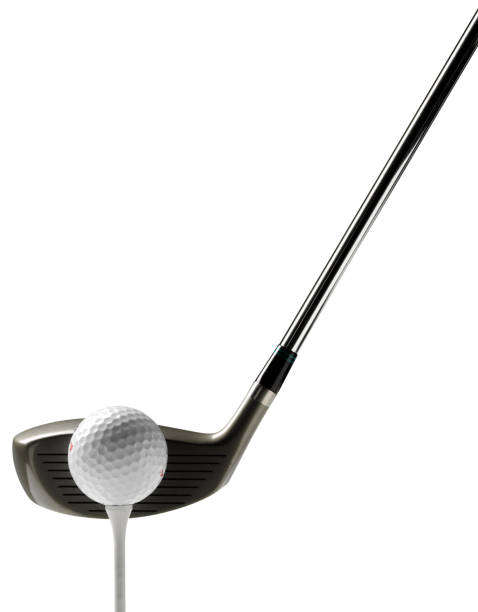 Closeup view of the golf club with the ball on a white background