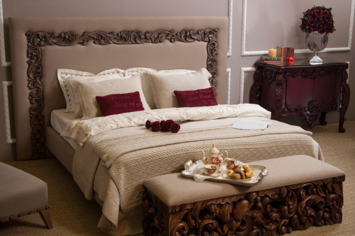 elegant bedroom with breakfast tray