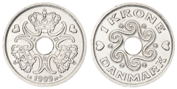 Danish 1 Krone coin isolated on white with clipping path