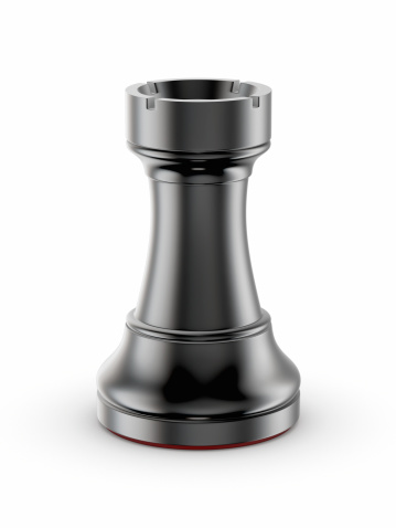 Black chess rook on white background.