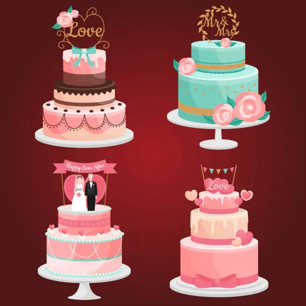 Vector illustration of detailed wedding cake with topper vector design illustration