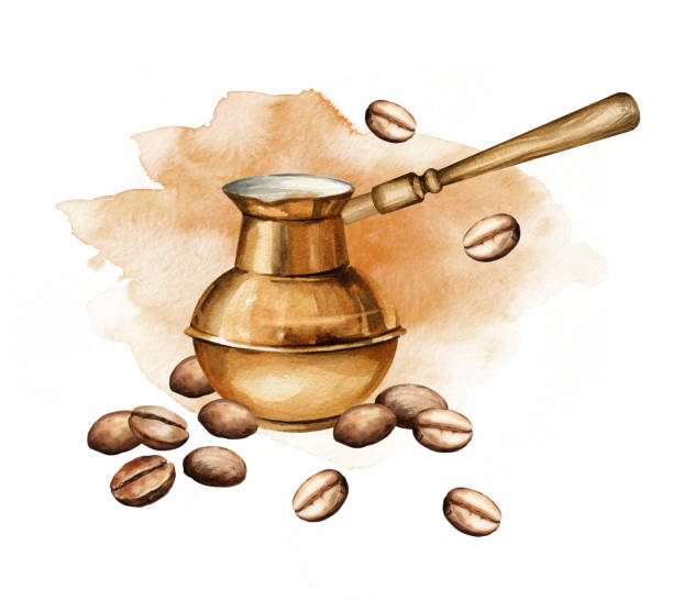 watercolor composition with Turkish coffee pot, coffee seeds, hand drawn illustration of espresso and cava, collection of coffee theme isolated on brown watercolor background watercolor composition with Turkish coffee pot, coffee seeds, hand drawn illustration of espresso and cava, collection of coffee theme isolated on brown watercolor background, for cafe, restaurant, menu turkish coffee pot cezve stock illustrations
