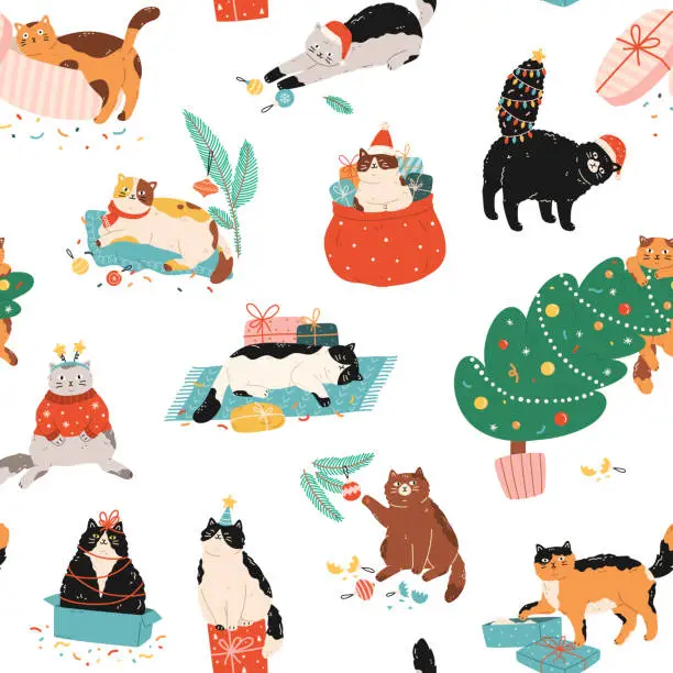 Vector illustration of Seamless pattern of funny cute cats celebrating Christmas and New Year