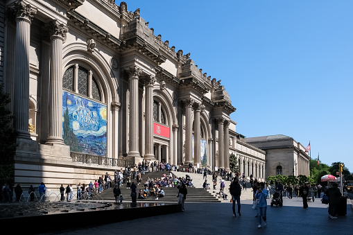 New York – May 18, 2023 – View of the Metropolitan Museum of Art, 'the Met,' in New York City. Founded in 1870, it's the largest art museum in the Americas, with a mission to bring art and education to the American people. It's the third most visited U.S. museum