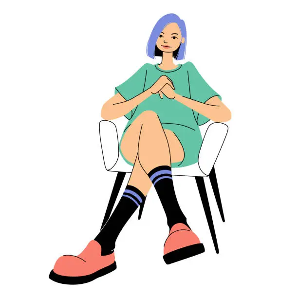 Vector illustration of Young, stylish girl sitting on a chair, dressed in a fashionable dress and boots. Cartoon character of a contemporary confident woman