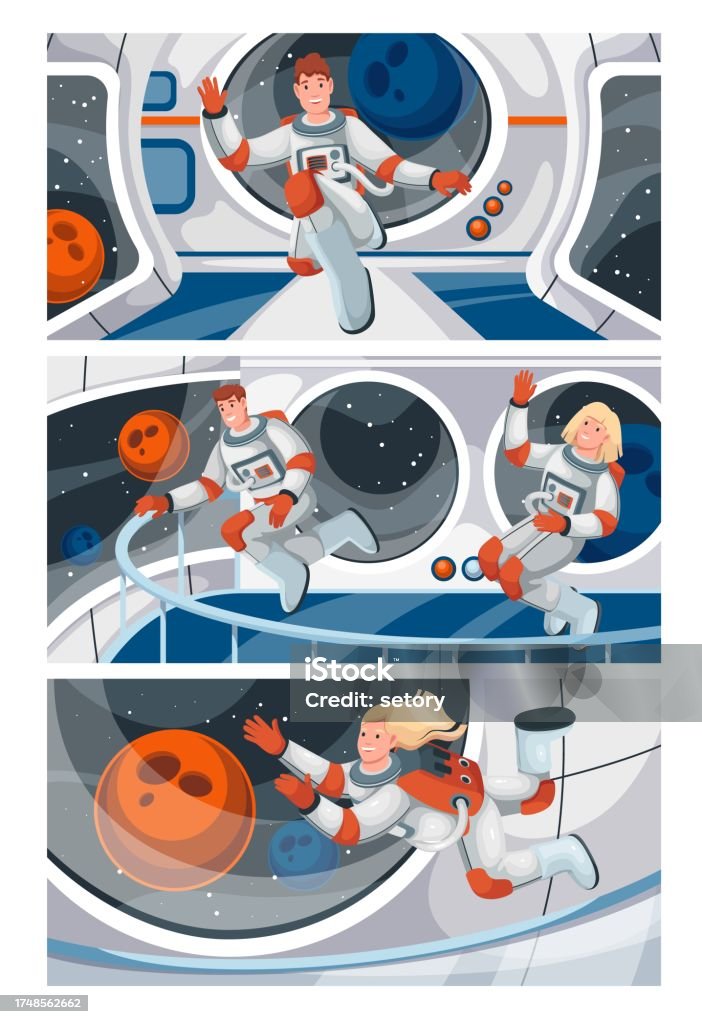 Astronaut Flying in Zero Gravity Inside Spaceship Set Astronaut flying in zero gravity inside spaceship set vector illustration. Cartoon scenes from spacecraft cockpit interior with floating woman and man astronauts looking through window at planets Spaceship stock vector Astronaut Flying in Zero Gravity Inside Spaceship Set Astronaut flying in zero gravity inside spaceship set vector illustration. Cartoon scenes from spacecraft cockpit interior with floating woman and man astronauts looking through window at planets Spaceship stock vector