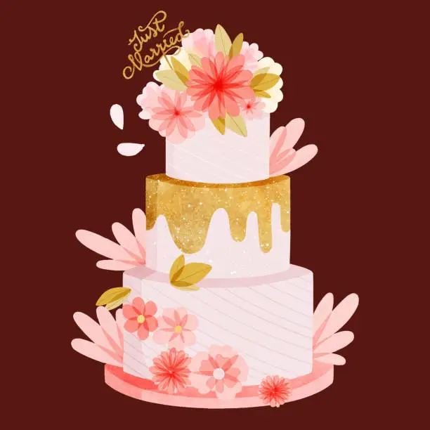 Vector illustration of hand painted watercolor wedding cake with topper vector design illustration