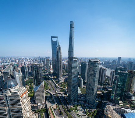 Aerial View of modern urban skyline and cityscape in Shanghai.