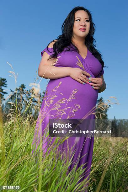 Asiatische Schwangere Frau Stehend In Grass Field Stockfoto und mehr Bilder von Eine Person - Eine Person, Erwachsene Person, Schwanger