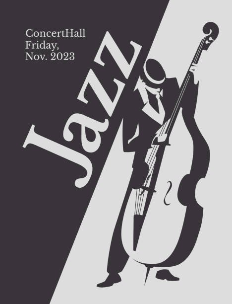 jazz cellist black and white poster. Advertisement of a postcard of a musical event. Vector flat illustration jazz cellist black and white poster. Advertisement of a postcard of a musical event. Vector flat illustration contra bassoon stock illustrations