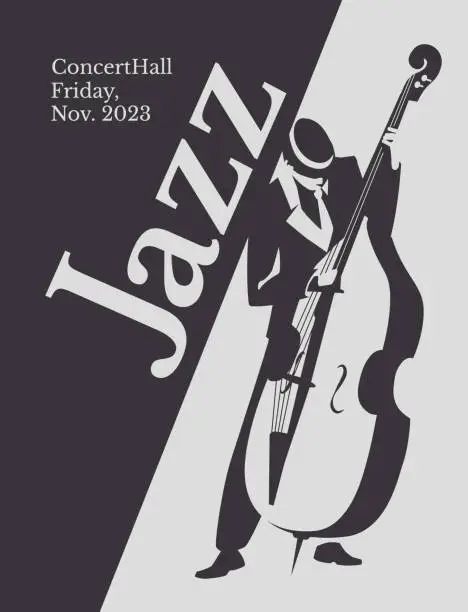 Vector illustration of jazz cellist black and white poster. Advertisement of a postcard of a musical event. Vector flat illustration