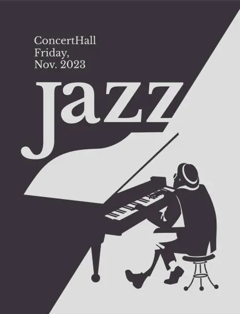 Vector illustration of jazz pianist black and white poster. Advertisement of a postcard of a musical event. Vector flat illustration