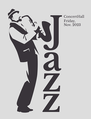 jazz saxophonist black and white poster. Advertisement of a postcard of a musical event. Vector flat illustration
