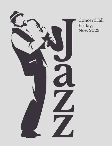 Vector illustration of jazz saxophonist black and white poster. Advertisement of a postcard of a musical event. Vector flat illustration