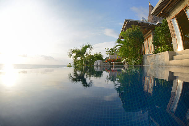 Luxury Private Pool Villa Luxury Outdoor Pool Villa. Extreme Wideangle shot. koh tao thailand stock pictures, royalty-free photos & images