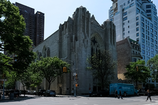 New York – May 18, 2023 – Architectural detail of the Church of the Heavenly Rest, an Episcopal church located on the corner of Fifth Avenue and 90th Street, opposite Central Park and the Carnegie Mansion, on the Upper East Side of New York City.