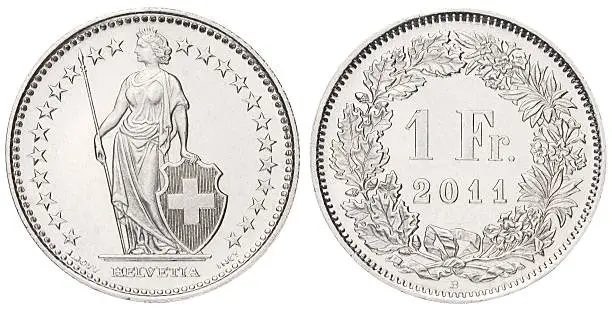 Photo of One Swiss Franc on white background