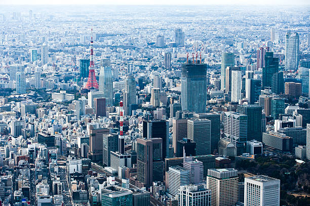 krajobraz z widokiem na tokyo tower. - tokyo prefecture building exterior high angle view tokyo tower zdjęcia i obrazy z banku zdjęć