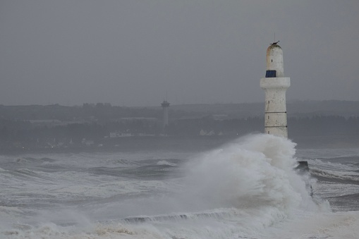 A selection of high resolution images at different angles of Storm Babet at the south breakwater pier at the port of Aberdeen, Scotland.