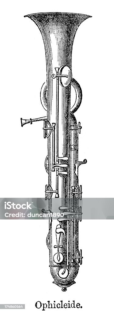 Musical instrument - Ophicleide "Vintage engraving from 1867 of a Ophicleide, a brass wind musical instrument with a cup-shaped mouthpiece and padded keys, the bass version of the old keyed bugle." 19th Century stock illustration