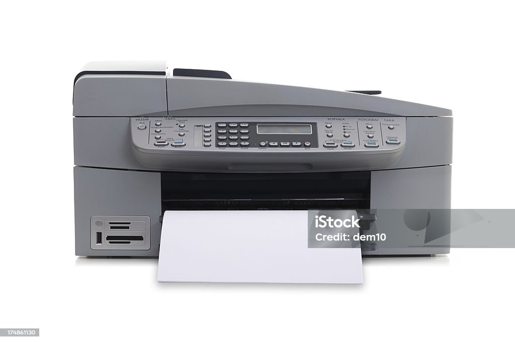 Computer Printer Printer with blank paper on white background Photocopier Stock Photo