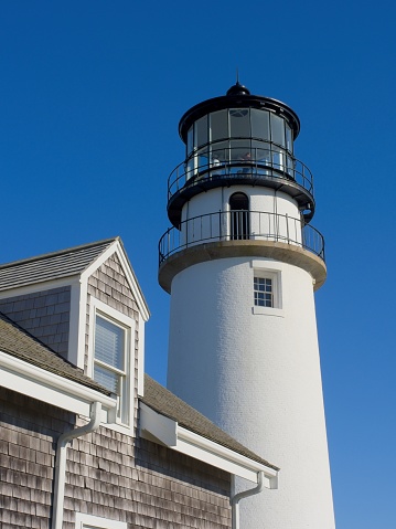 North Truro, Cape Cod, MA - USA, October 6, 2023. Visitors enjoy the ocean view from the top of Highland lighthouse at Cape Cod national seashore, Massachusetts. The oldest and tallest lighthouse on the Cape built in 1857.