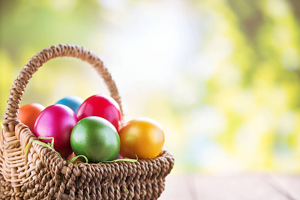 istock Colorful easter eggs in a basket on green nature background 174861507