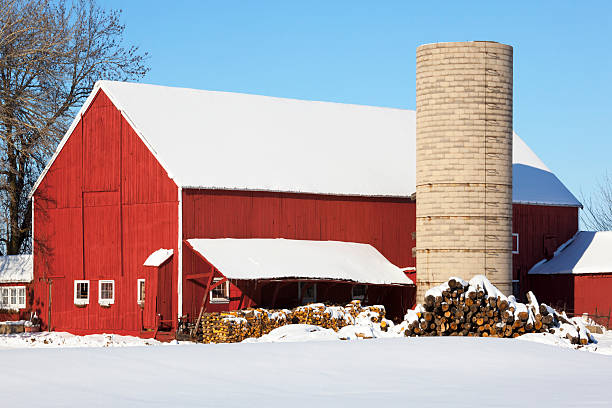 istock Snow Covered Red Barn With Stacked Winter Wood 174861890
