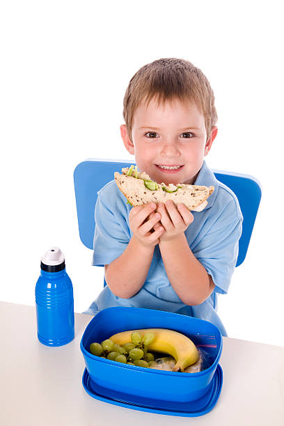 Healthy Lunch Boy A five year old Australian school boy with his lunch. Isolated on white. food elementary student healthy eating schoolboy stock pictures, royalty-free photos & images