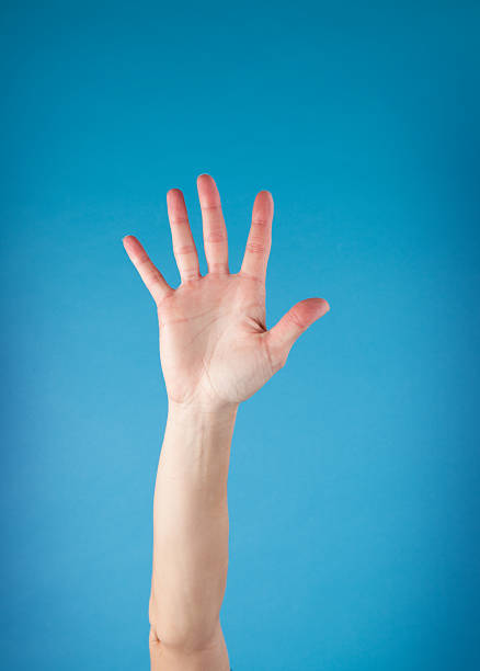 heben hand noch nicht aufgerufen - human hand waving human arm high angle view stock-fotos und bilder