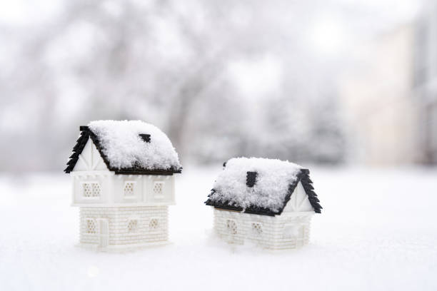 istock Two 3D model house on snow natural background for winter season 1748628486