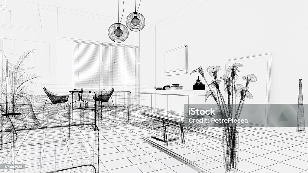 Wireframe 3d Modern Interior Blueprint Render Image Architecture ...