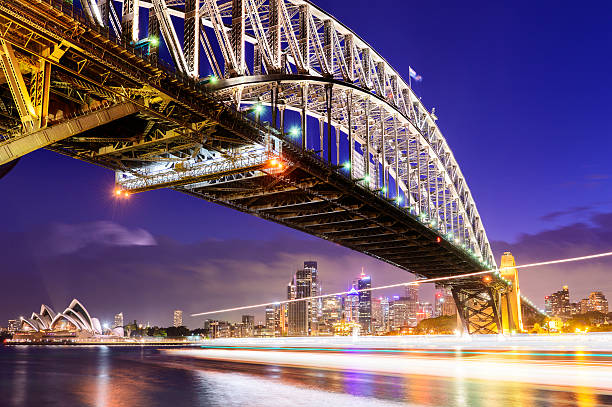 Sydney Harbour Bridge at Night Australia The blurred lights of a ferry boat passing under Sydney Harbour Bridge at twilight, Australia. clear sky night sunset riverbank stock pictures, royalty-free photos & images