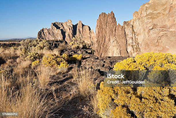 Rigogliosa Vegetazione Del Deserto Di Smith Rock - Fotografie stock e altre immagini di Alba - Crepuscolo - Alba - Crepuscolo, Ambientazione esterna, America del Nord