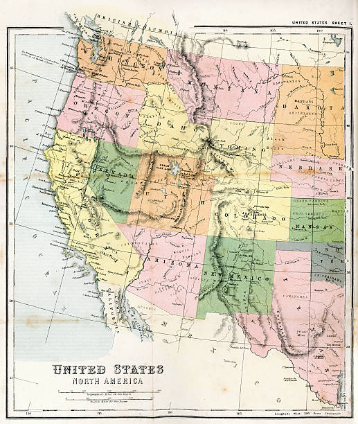 ilustraciones, imágenes clip art, dibujos animados e iconos de stock de antiguo mapa de estados unidos del oeste - montana map usa old