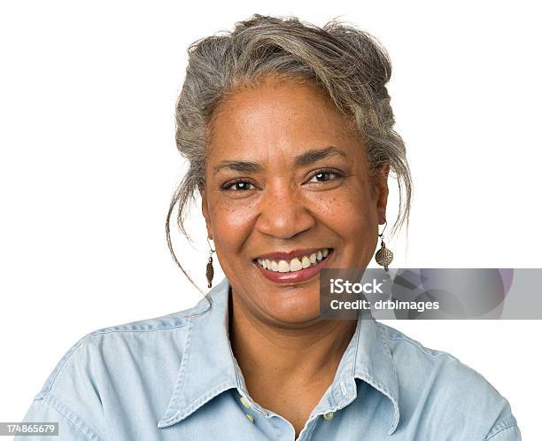 Smiling Mature Woman Head And Shoulders Portrait Stock Photo - Download Image Now - White Background, Smiling, Women