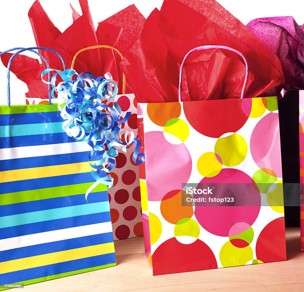 Gift Bags With Colorful Tissue Paper And Ribbon Shopping Stock