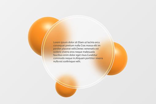 Glass morphism effect. Translucent round banner made of frosted glass and orange gradient spheres on a light background