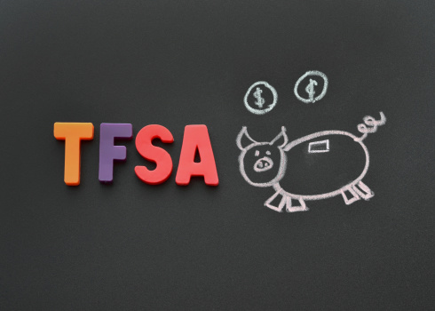 Close up of mass produced plastic letters spelling out TFSA with a chalk drawing of a piggy bank on a blackboard symbolizing a Tax Free Savings Account in Canada.