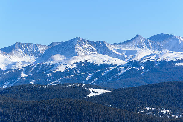 Copper Mountain Colorado Ski area with cut slopes and dramatic mountain backdrop.  Winter view of slopes and Tenmile Range.  Captured as a 14-bit Raw file. Edited in 16-bit ProPhoto RGB color space. tenmile range stock pictures, royalty-free photos & images