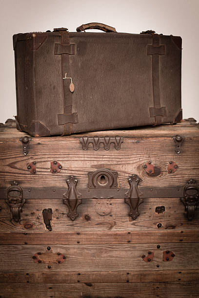 istock Retro Suitcase Sitting on Wood Trunk 174867622