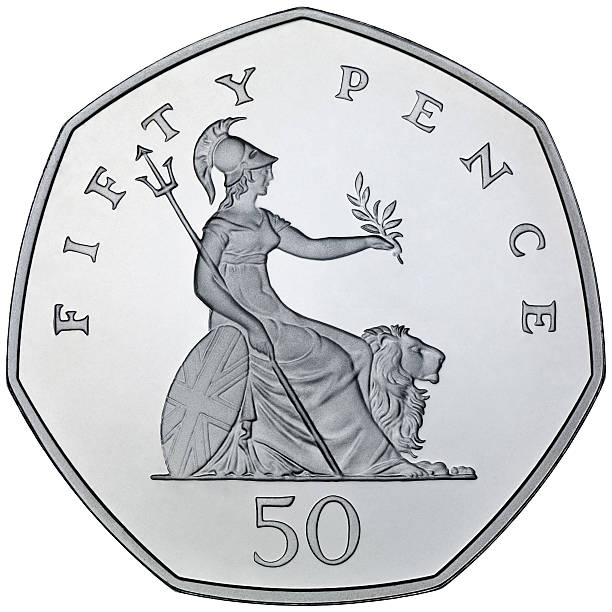 moeda de cinquenta pence - fifty pence coin coin british coin number 50 - fotografias e filmes do acervo