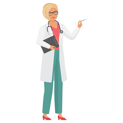 Laughing doctor woman with syringe. Hospital worker in uniform cartoon vector illustration