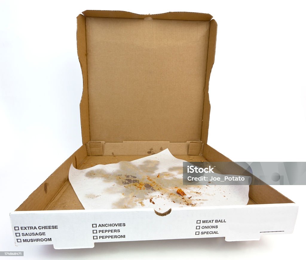 Gone Empty pizza box with crumbs and greasy paper. Horizontal.-For more food images, click here.  FOOD  Pizza Box Stock Photo