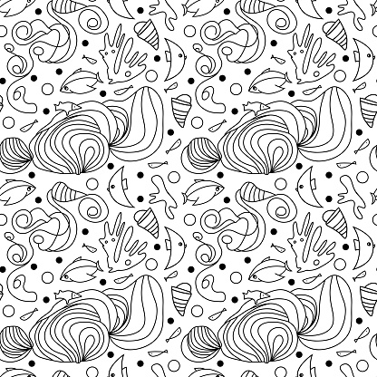Vector doodle seamless pattern  black line underwater life  with fish, seashell, seaweed.  Texture for wrapping paper, fabrics, decor, banners, cover.